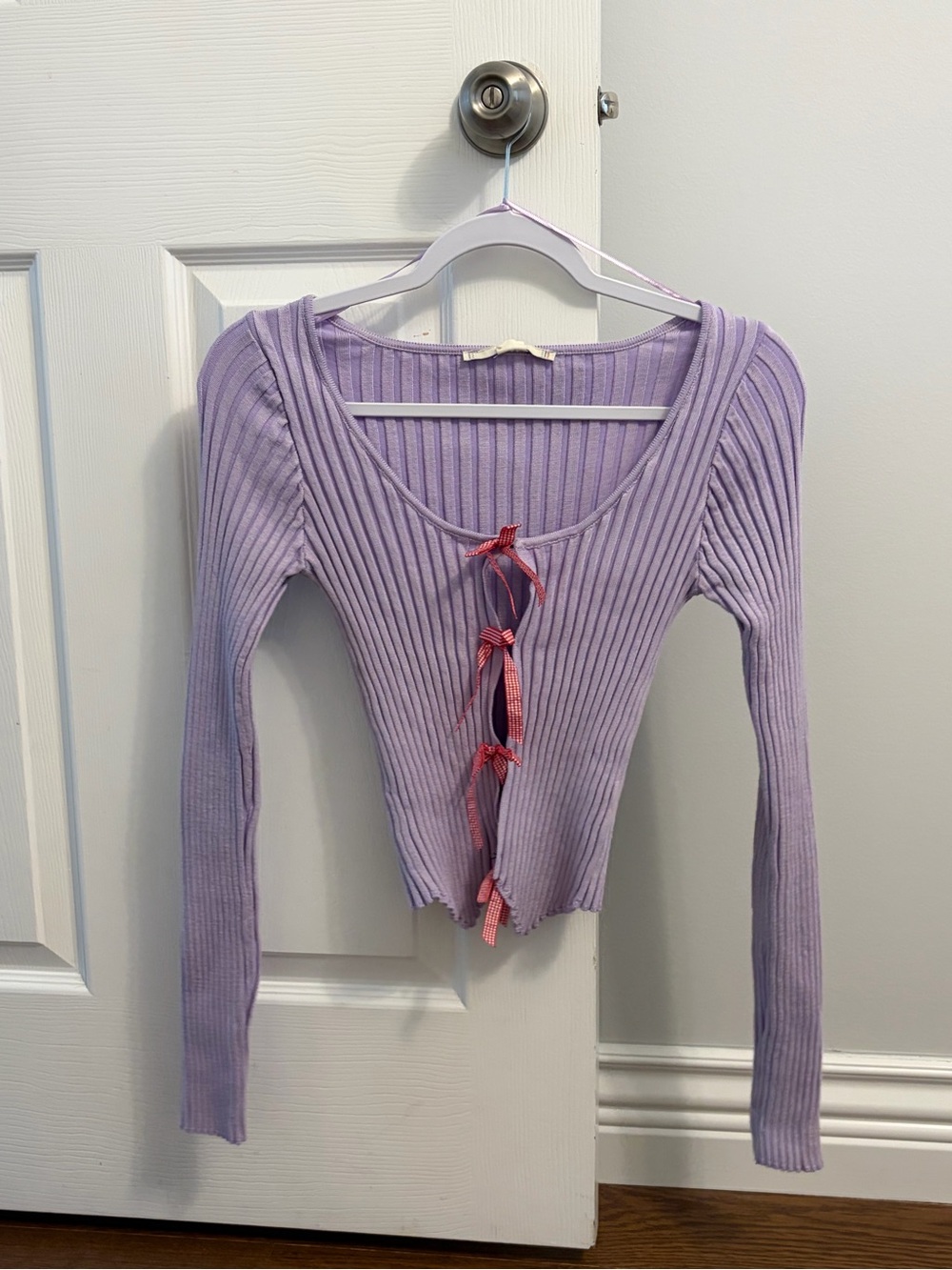 Kimchi Blue Lavender Ribbed Long-Sleeve Top with Pink Tie Details